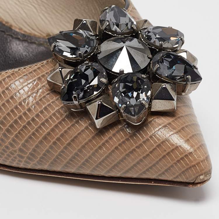 Pre Owned Dolce & Gabbana Beige Lizard Embossed Leather Bellucci Crystals Pumps Size 39.5