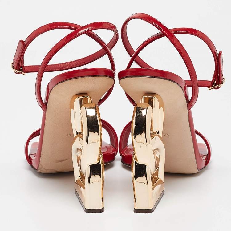 Pre Owned Dolce & Gabbana Red Patent Leather DG Heel Ankle Strap Sandals Size 40