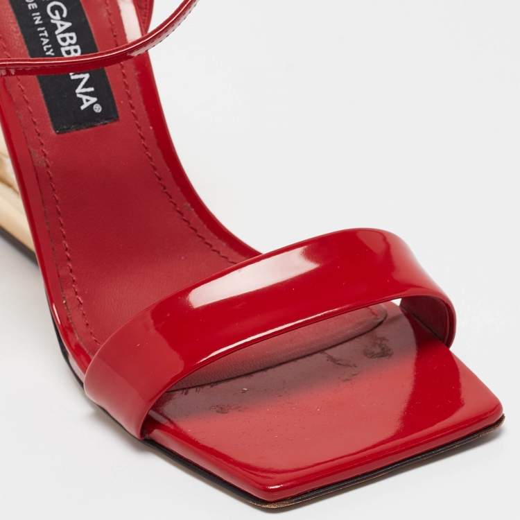 Pre Owned Dolce & Gabbana Red Patent Leather DG Heel Ankle Strap Sandals Size 40