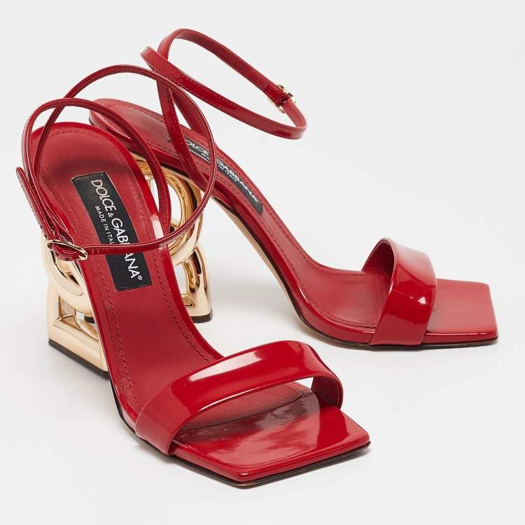 Pre Owned Dolce & Gabbana Red Patent Leather DG Heel Ankle Strap Sandals Size 40