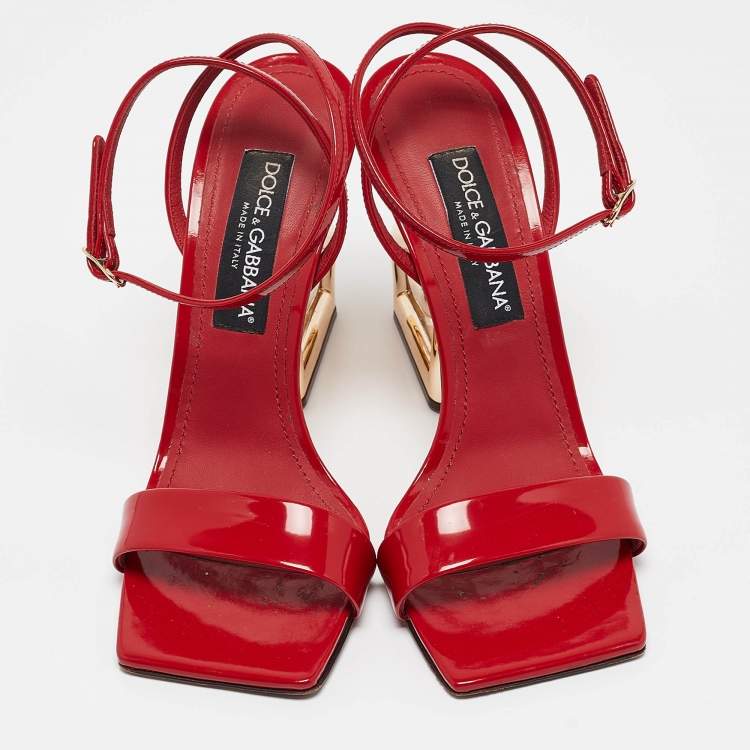 Pre Owned Dolce & Gabbana Red Patent Leather DG Heel Ankle Strap Sandals Size 40