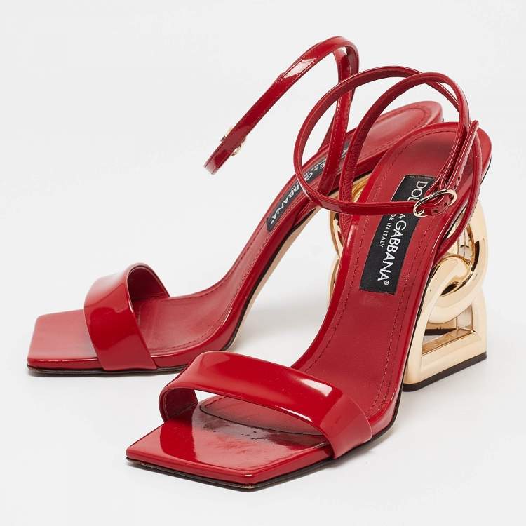 Pre Owned Dolce & Gabbana Red Patent Leather DG Heel Ankle Strap Sandals Size 40