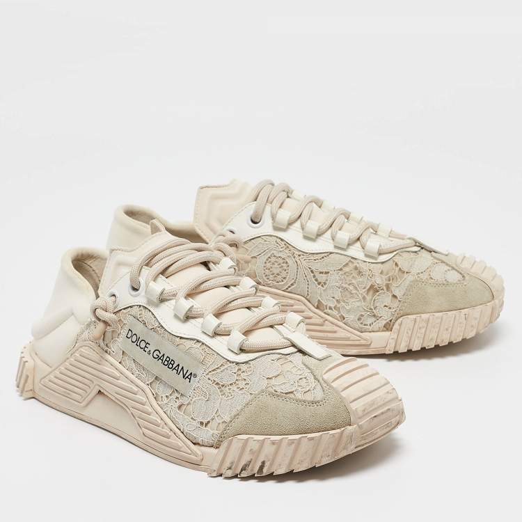 Pre Owned Dolce & Gabbana Cream/Pink Lace and Neoprene NS1 Sneakers Size 41