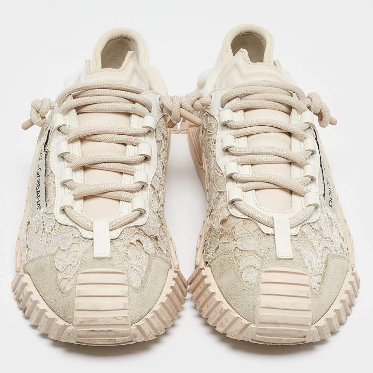 Pre Owned Dolce & Gabbana Cream/Pink Lace and Neoprene NS1 Sneakers Size 41