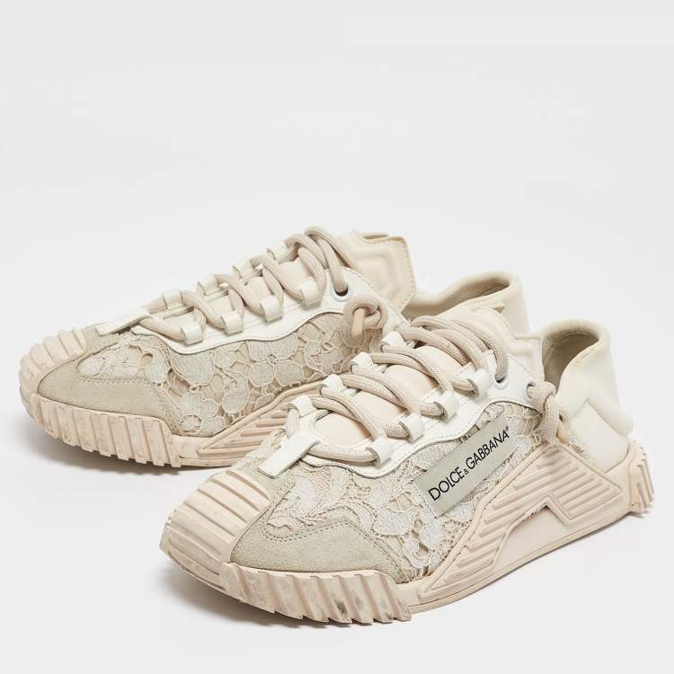 Pre Owned Dolce & Gabbana Cream/Pink Lace and Neoprene NS1 Sneakers Size 41