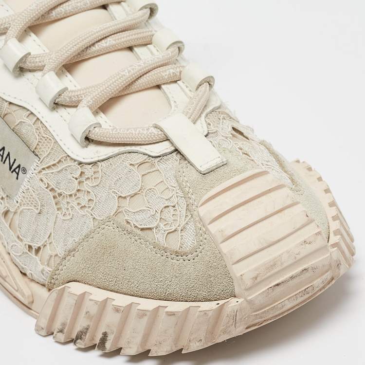Pre Owned Dolce & Gabbana Cream/Pink Lace and Neoprene NS1 Sneakers Size 41