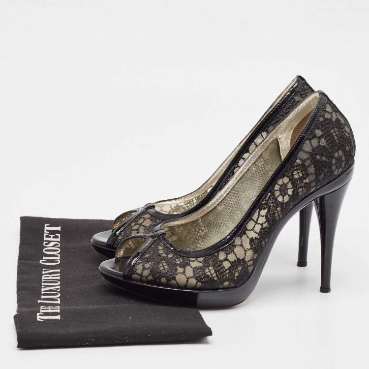 Pre Owned Dolce & Gabbana Black Mesh and Patent Peep Toe Pumps Size 38.5