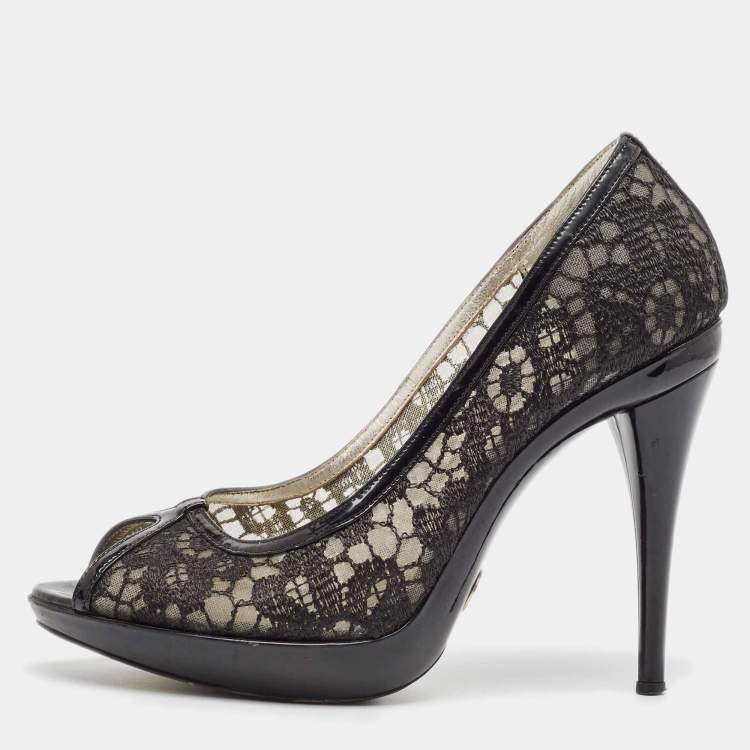 Pre Owned Dolce & Gabbana Black Mesh and Patent Peep Toe Pumps Size 38.5