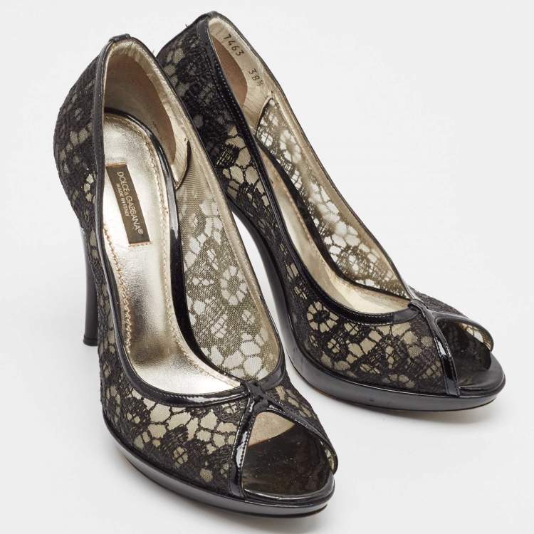 Pre Owned Dolce & Gabbana Black Mesh and Patent Peep Toe Pumps Size 38.5