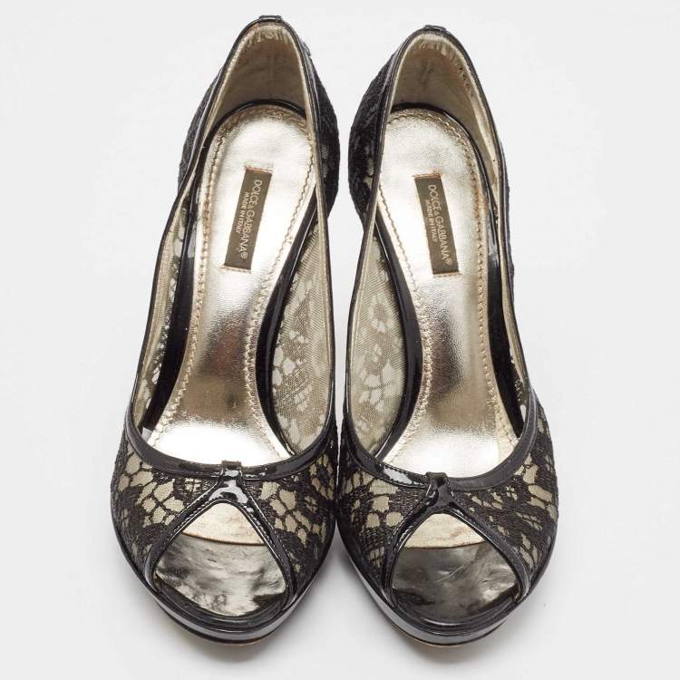 Pre Owned Dolce & Gabbana Black Mesh and Patent Peep Toe Pumps Size 38.5