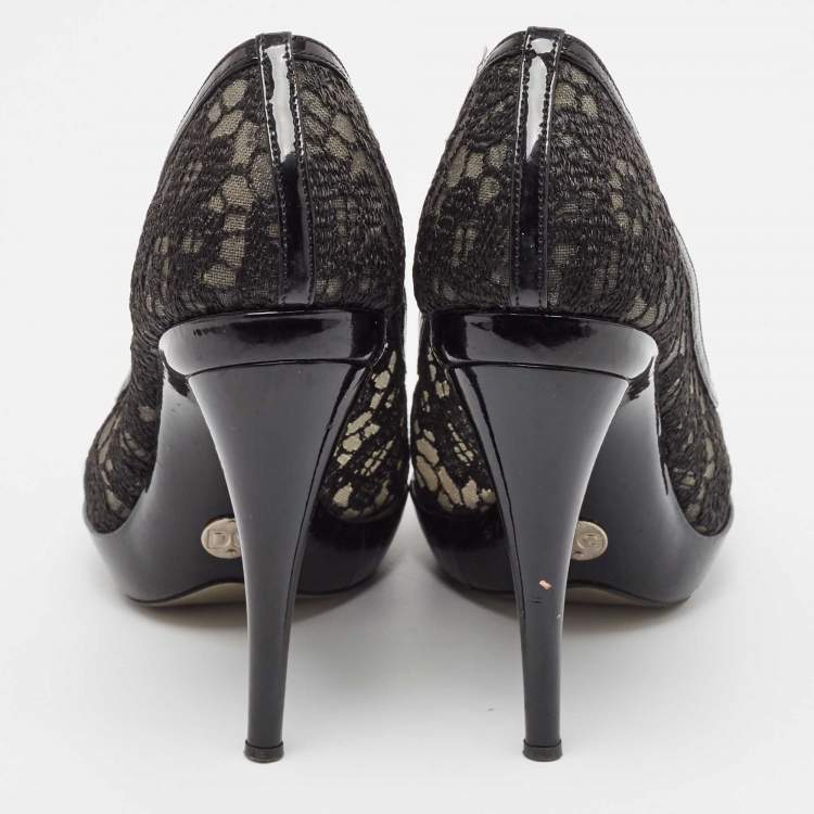 Pre Owned Dolce & Gabbana Black Mesh and Patent Peep Toe Pumps Size 38.5