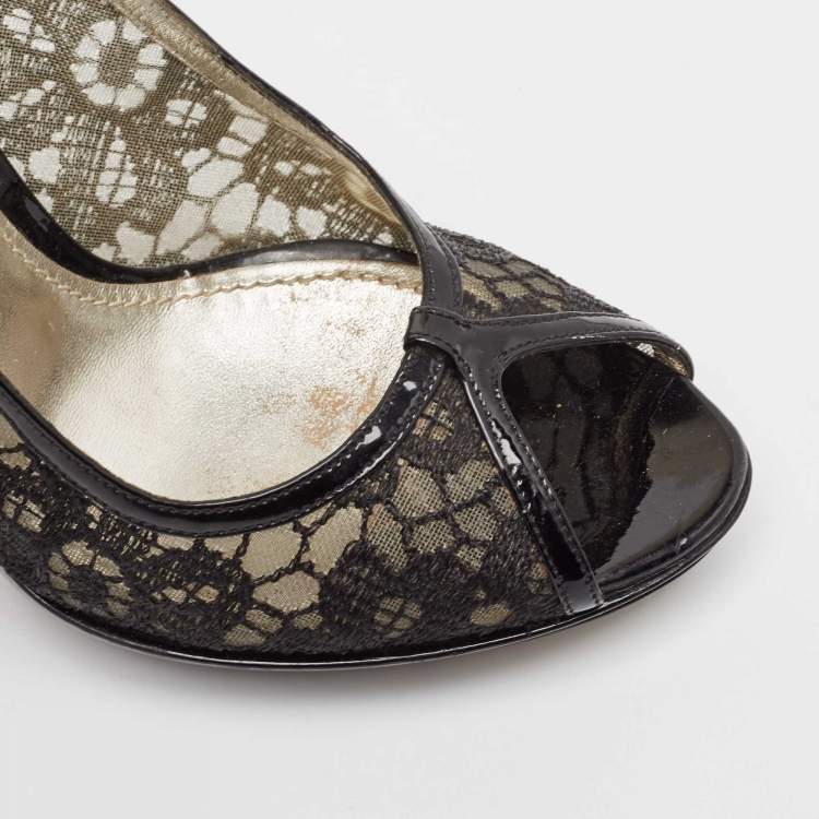 Pre Owned Dolce & Gabbana Black Mesh and Patent Peep Toe Pumps Size 38.5