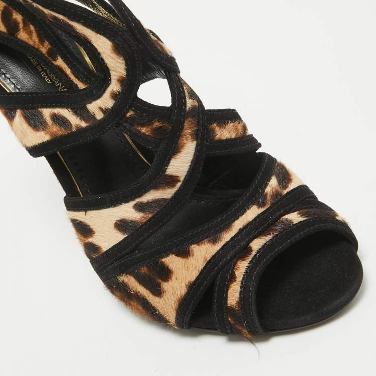 Pre Owned Dolce & Gabbana Black/Beige Calf Hair Ankle Strap Sandals Size 36.5