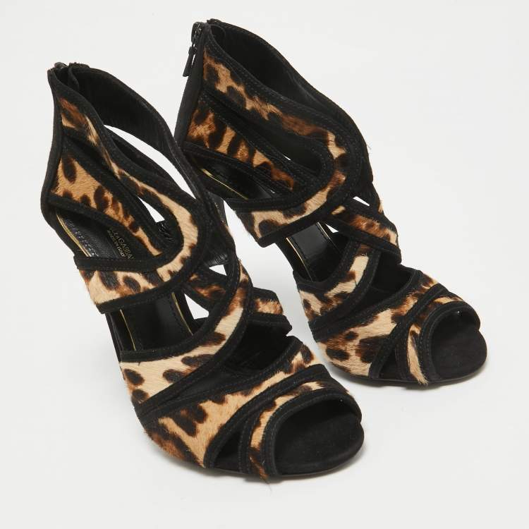 Pre Owned Dolce & Gabbana Black/Beige Calf Hair Ankle Strap Sandals Size 36.5