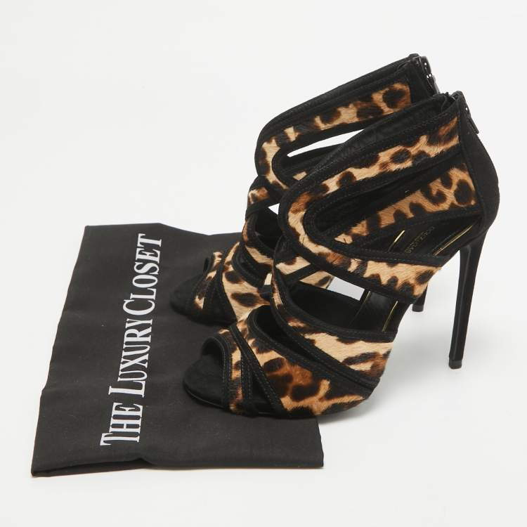 Pre Owned Dolce & Gabbana Black/Beige Calf Hair Ankle Strap Sandals Size 36.5