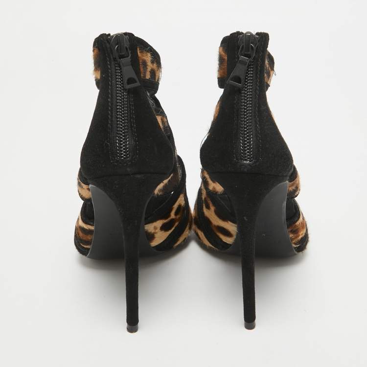 Pre Owned Dolce & Gabbana Black/Beige Calf Hair Ankle Strap Sandals Size 36.5