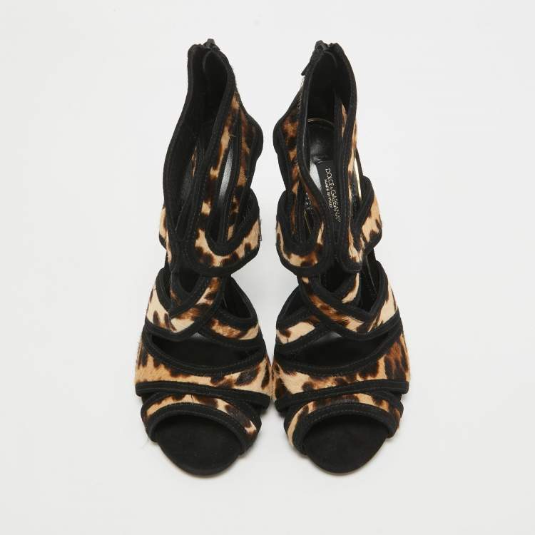 Pre Owned Dolce & Gabbana Black/Beige Calf Hair Ankle Strap Sandals Size 36.5
