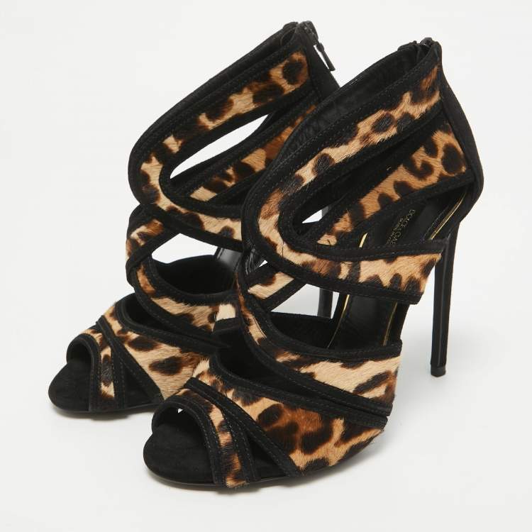 Pre Owned Dolce & Gabbana Black/Beige Calf Hair Ankle Strap Sandals Size 36.5