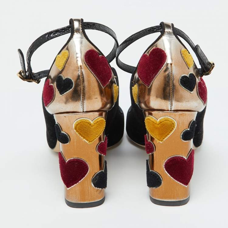 Pre Owned Dolce & Gabbana Black/Gold Velvet and Leather L' Amore Block Heel Pumps Size 39