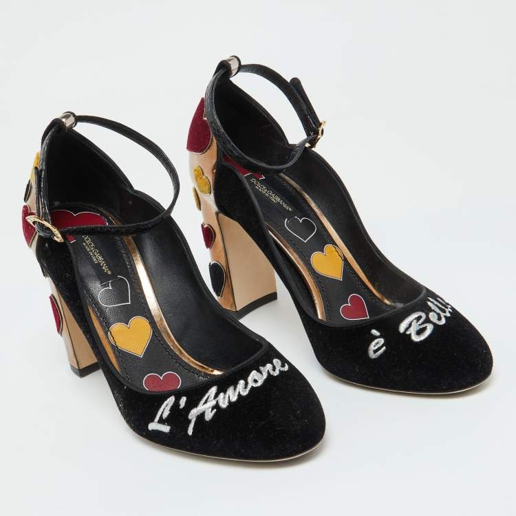 Pre Owned Dolce & Gabbana Black/Gold Velvet and Leather L' Amore Block Heel Pumps Size 39