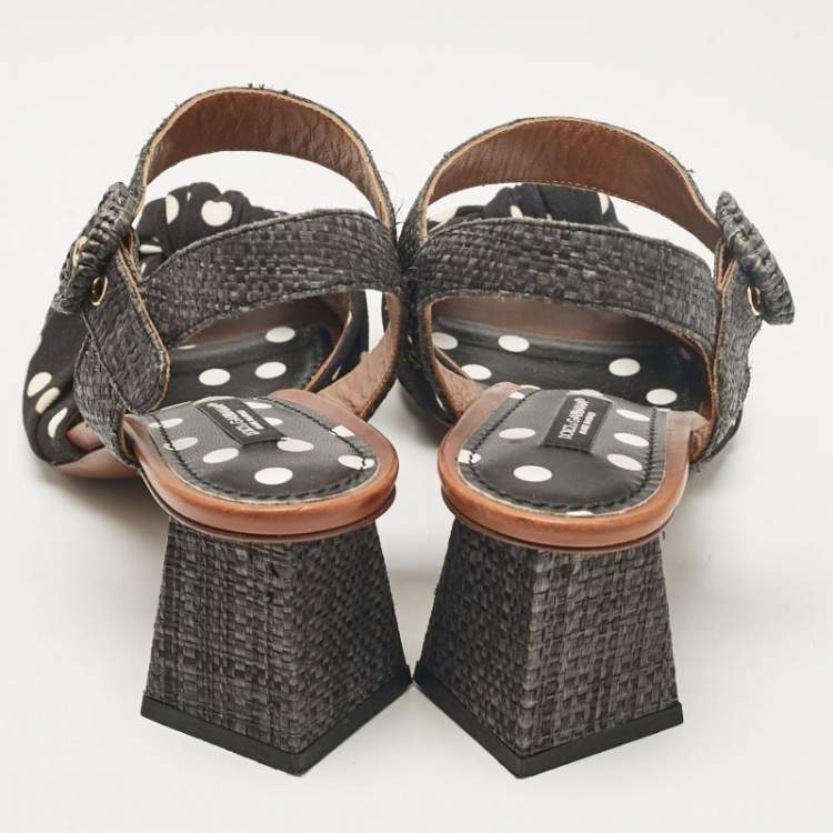 Pre Owned Dolce & Gabbana Black Polka Dot Knotted Fabric and Raffia Ankle Strap Sandals Size 38