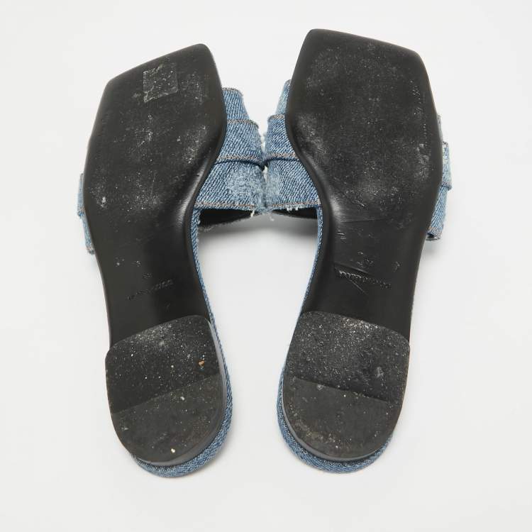 Pre Owned Dolce & Gabbana Blue Denim Crystal Embellished Buckle Flat Slides Size 38