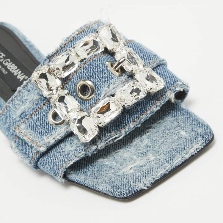 Pre Owned Dolce & Gabbana Blue Denim Crystal Embellished Buckle Flat Slides Size 38