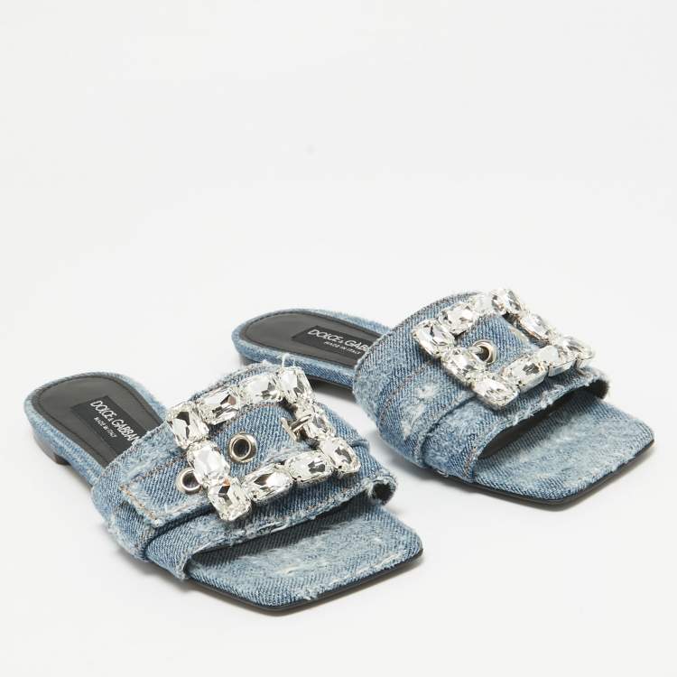 Pre Owned Dolce & Gabbana Blue Denim Crystal Embellished Buckle Flat Slides Size 38