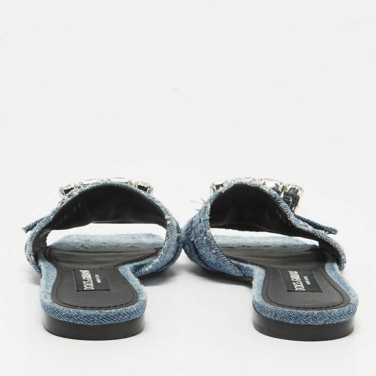 Pre Owned Dolce & Gabbana Blue Denim Crystal Embellished Buckle Flat Slides Size 38