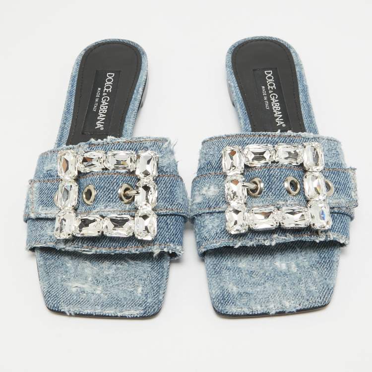 Pre Owned Dolce & Gabbana Blue Denim Crystal Embellished Buckle Flat Slides Size 38