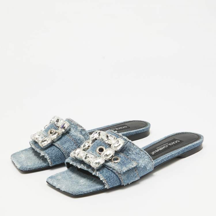 Pre Owned Dolce & Gabbana Blue Denim Crystal Embellished Buckle Flat Slides Size 38