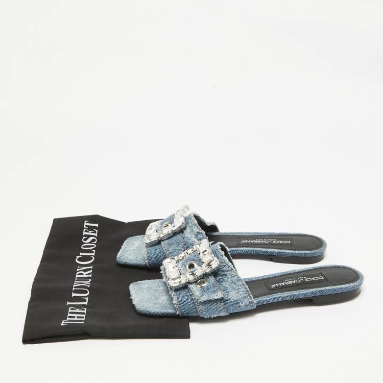 Pre Owned Dolce & Gabbana Blue Denim Crystal Embellished Buckle Flat Slides Size 38