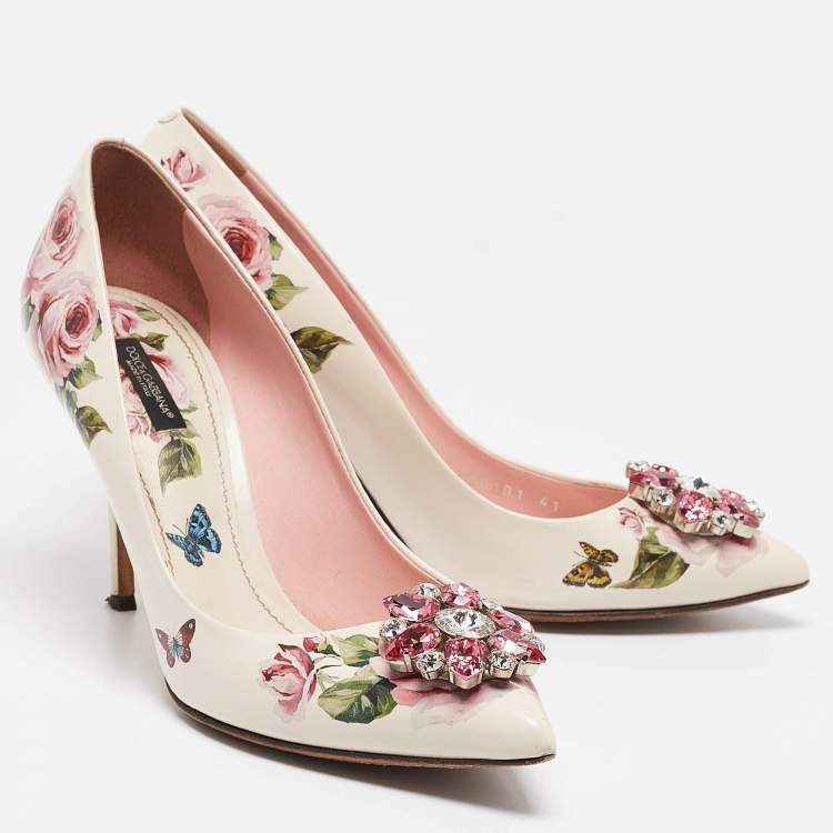 Pre Owned Dolce & Gabbana Cream Leather Crystal Embellished Pumps Size 41