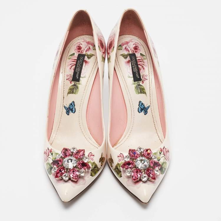 Pre Owned Dolce & Gabbana Cream Leather Crystal Embellished Pumps Size 41