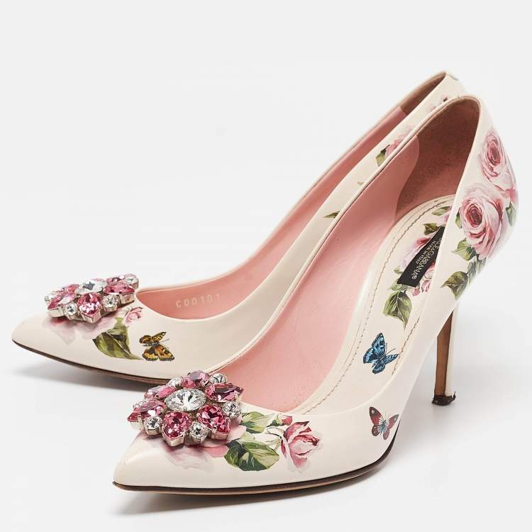 Pre Owned Dolce & Gabbana Cream Leather Crystal Embellished Pumps Size 41