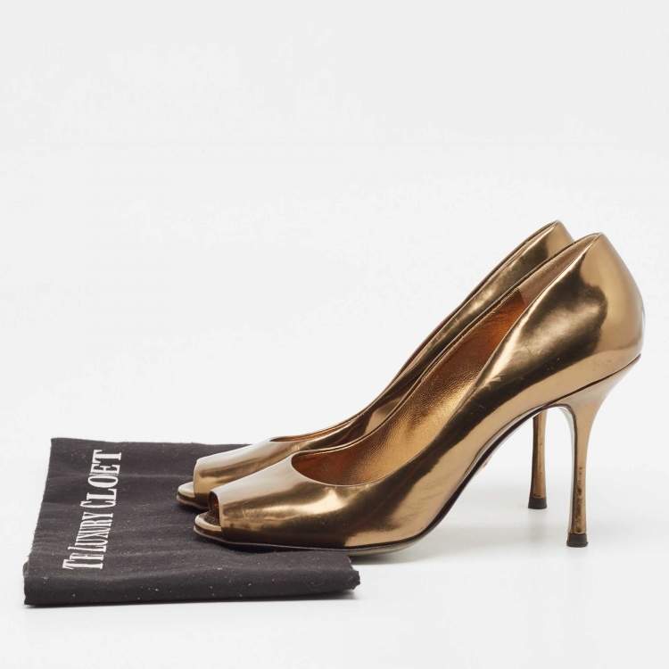 Pre Owned Dolce & Gabbana Gold Leather Peep Toe Pumps Size 38