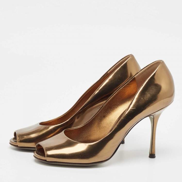 Pre Owned Dolce & Gabbana Gold Leather Peep Toe Pumps Size 38