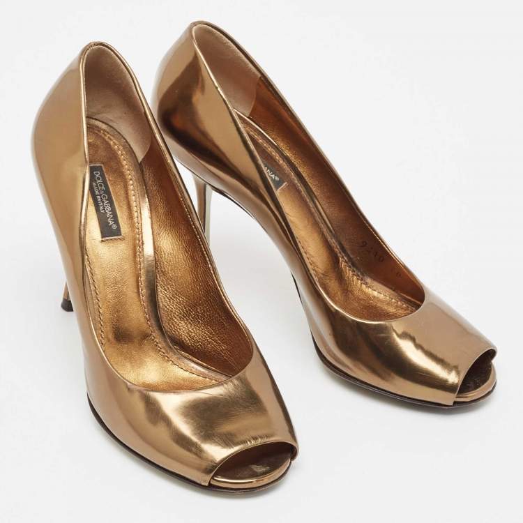 Pre Owned Dolce & Gabbana Gold Leather Peep Toe Pumps Size 38