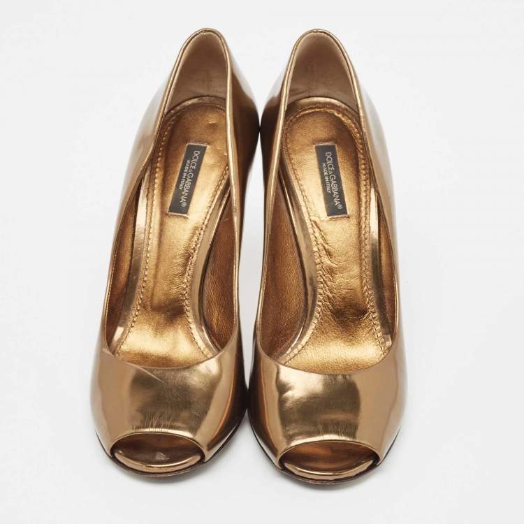 Pre Owned Dolce & Gabbana Gold Leather Peep Toe Pumps Size 38