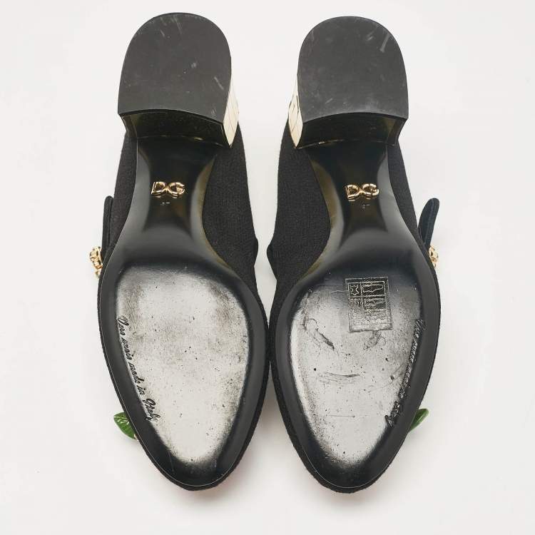 Pre Owned Dolce & Gabbana Black Fabric Flower Detail and Crystal Embellished Mary Jane Pumps Size 37