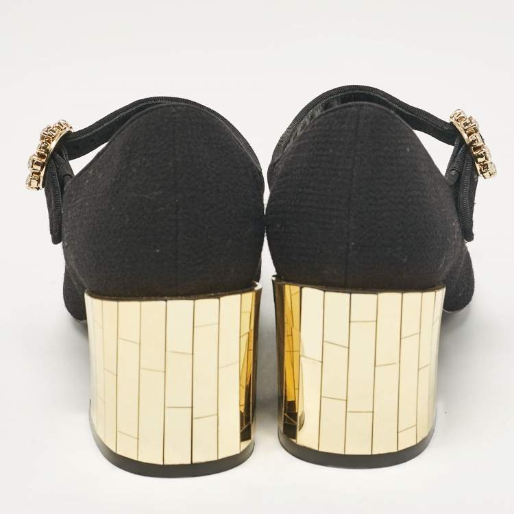 Pre Owned Dolce & Gabbana Black Fabric Flower Detail and Crystal Embellished Mary Jane Pumps Size 37