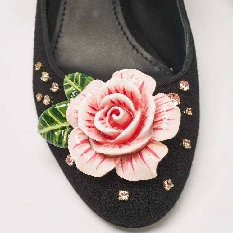 Pre Owned Dolce & Gabbana Black Fabric Flower Detail and Crystal Embellished Mary Jane Pumps Size 37