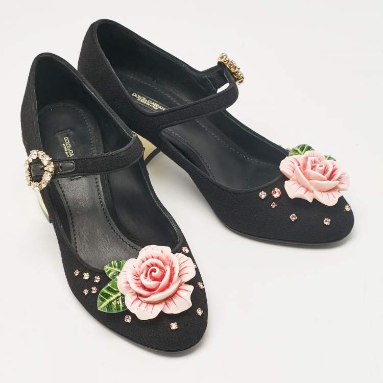 Pre Owned Dolce & Gabbana Black Fabric Flower Detail and Crystal Embellished Mary Jane Pumps Size 37