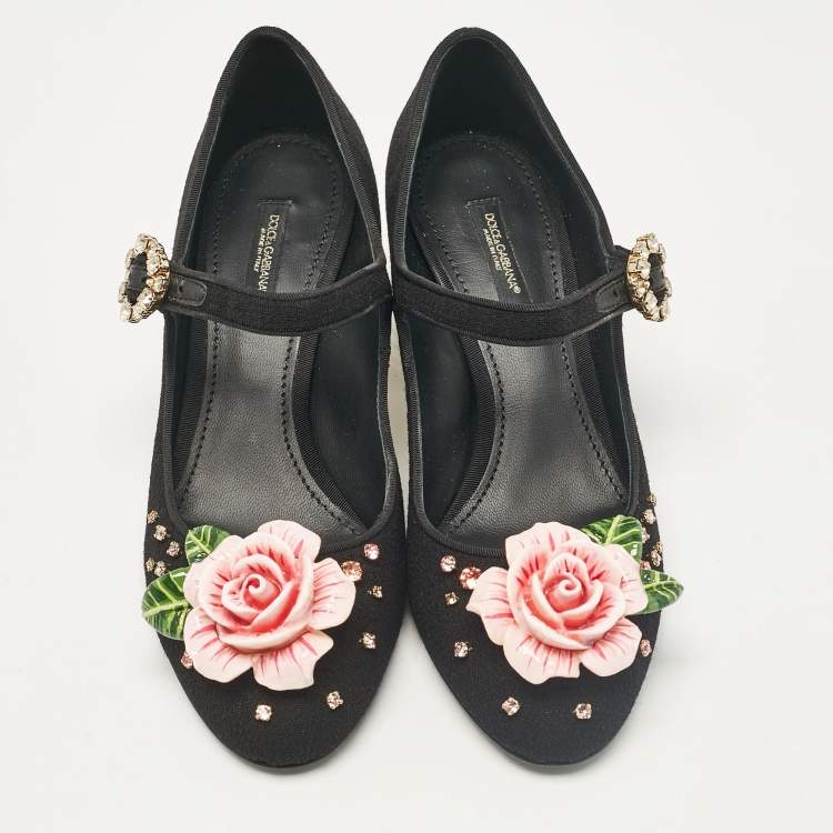 Pre Owned Dolce & Gabbana Black Fabric Flower Detail and Crystal Embellished Mary Jane Pumps Size 37