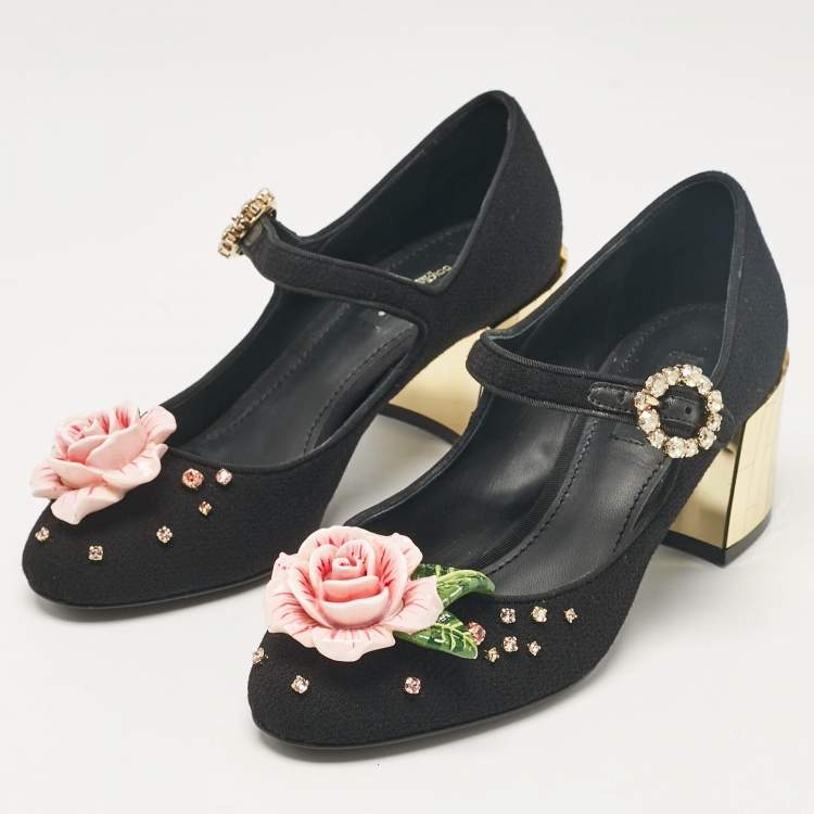 Pre Owned Dolce & Gabbana Black Fabric Flower Detail and Crystal Embellished Mary Jane Pumps Size 37