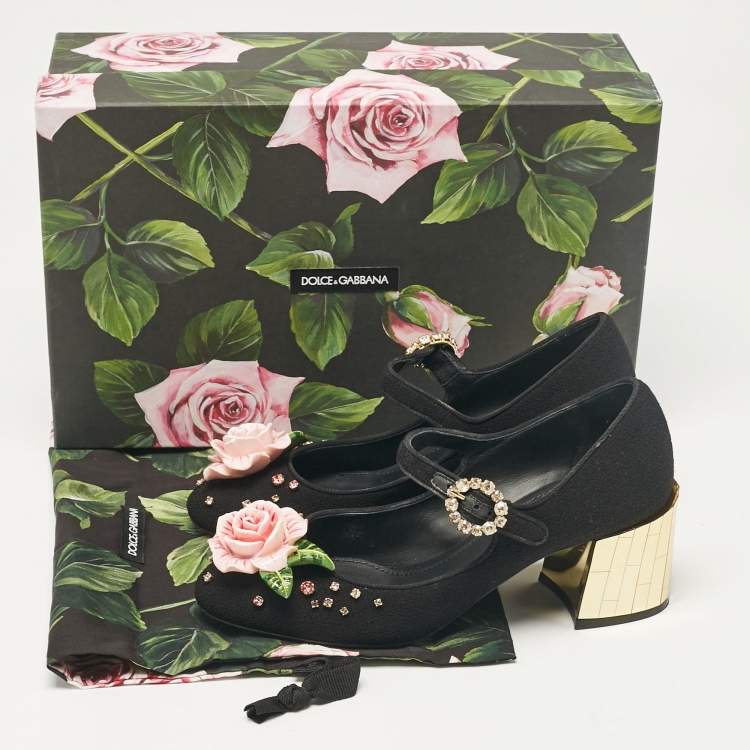 Pre Owned Dolce & Gabbana Black Fabric Flower Detail and Crystal Embellished Mary Jane Pumps Size 37