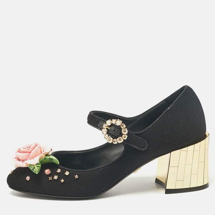 Pre Owned Dolce & Gabbana Black Fabric Flower Detail and Crystal Embellished Mary Jane Pumps Size 37
