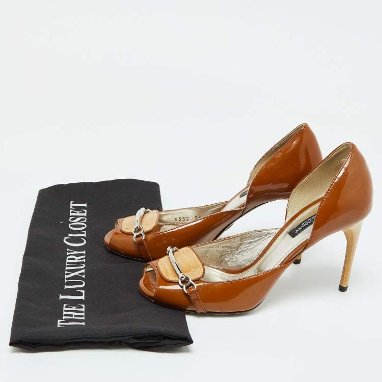 Pre Owned Dolce & Gabbana Brown/Beige Ostrich Leg Leather and Patent Leather Pumps Size 36
