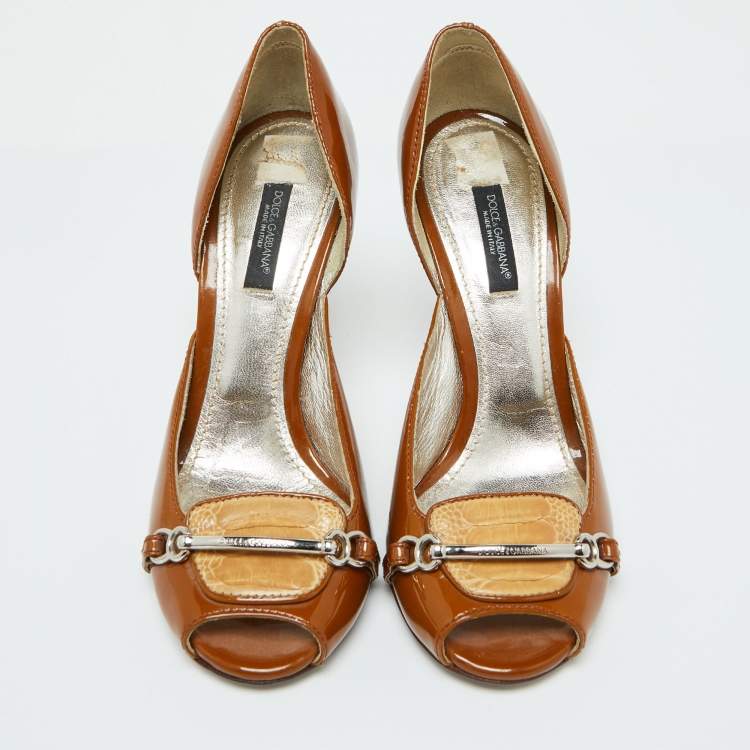 Pre Owned Dolce & Gabbana Brown/Beige Ostrich Leg Leather and Patent Leather Pumps Size 36