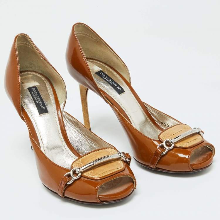 Pre Owned Dolce & Gabbana Brown/Beige Ostrich Leg Leather and Patent Leather Pumps Size 36